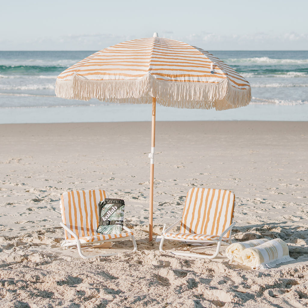 The Palm Beach Hire Pack - Beach Umbrella, Low Beach Chairs and Picnic Mat for Hire from Third Ave Beach Hire Gold Coast